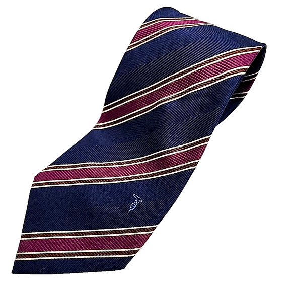 Trussardi Silk Necktie Blue with Red Stripes - Made in Italy - Like New - Picture 1 of 4